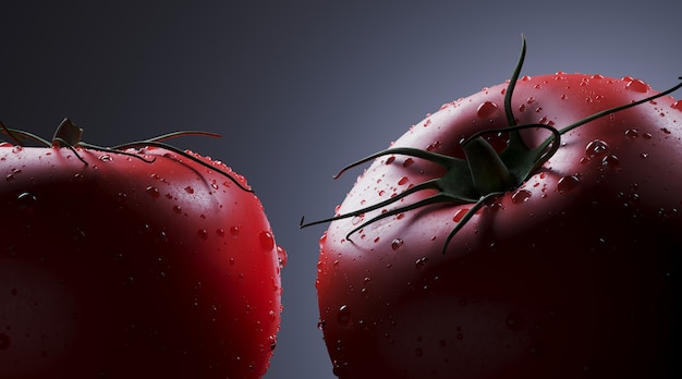 Creative minimal diet and healthy concept. Closeup red tomatoes on dark wall. 3d rendering illustration.