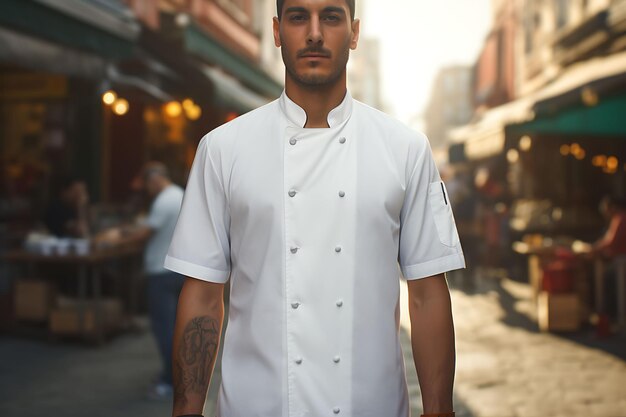 Photo creative mockup of a clean blank white chef apron in a bustling stree uniform collection design