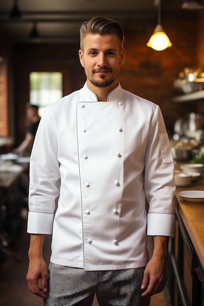 Photo creative mockup of a clean blank white chef uniform in a trendy cafe uniform collection design