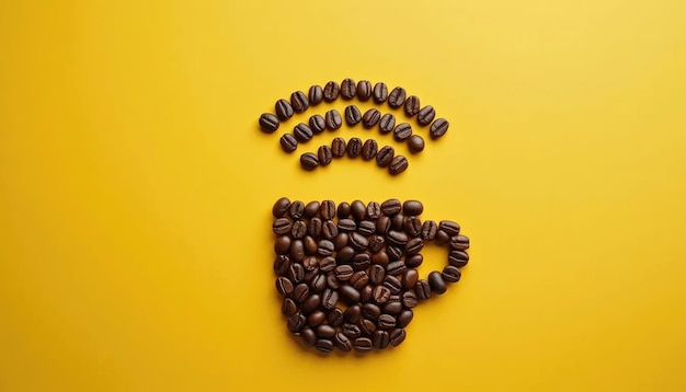 Photo creative morning coffee art with wifi symbol on yellow backdrop for unique coffee lovers