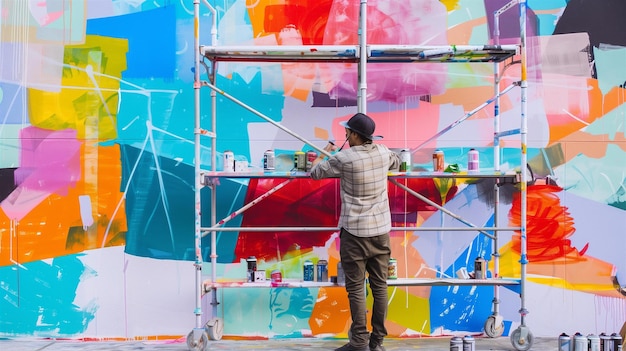 Photo creative muralists painting vibrant and colorful street art on large urban canvases