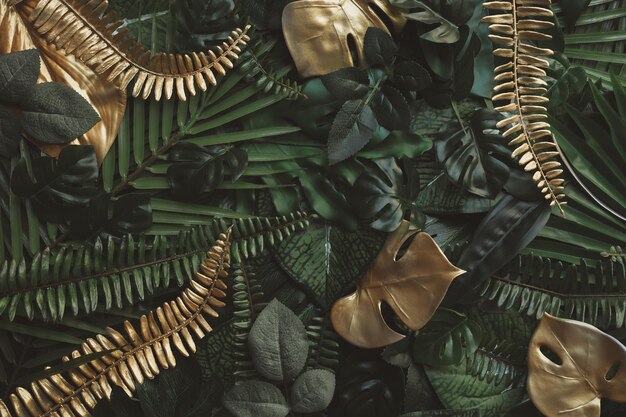 Creative nature background Gold and green tropical Monstera and palm leaves Minimal summer abstrac