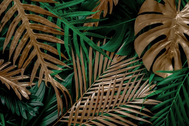 Creative nature background. Gold and green tropical Monstera and palm leaves. Minimal summer abstrac