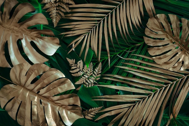 Creative nature background Gold and green tropical Monstera and palm leaves Minimal summer abstrac