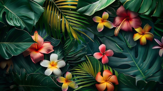 Creative nature layout made of tropical leaves and flowers Flat lay Summer concept Generative AI