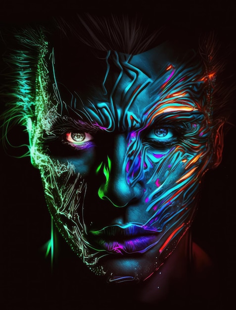 A creative neoninfused portrait of a person with a glowing abstract mask and neoncolored eyes set against a dark abstract background