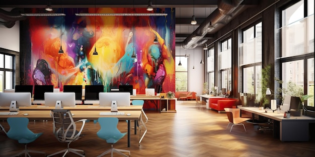 Photo a creative office interior thoughtfully designed with vibrant colors flexible spaces and inspiring decor fostering productivity and innovation generative ai