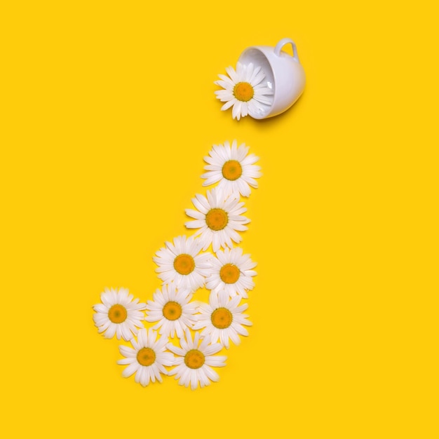 Creative original concept with a white cup and flowers on a yellow background