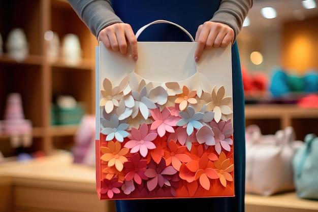 Creative packaging of the product in a paper bag with voluminous flowers on it in the hands of a woman or a buyer