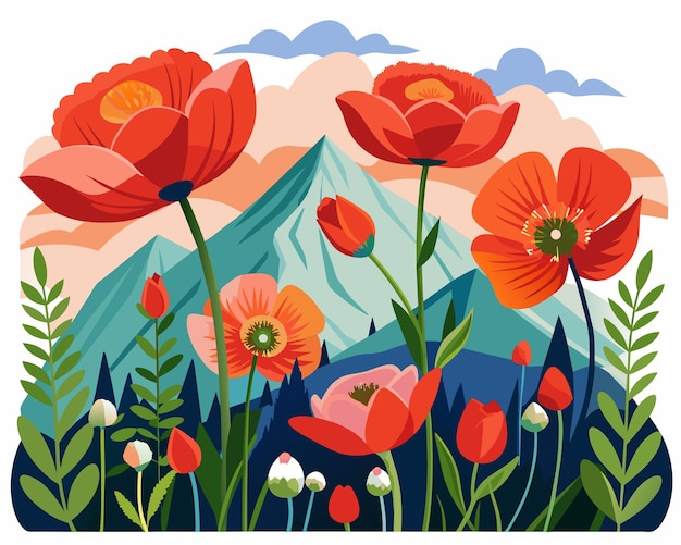 A creative painting of red flowers in a meadow with mountains