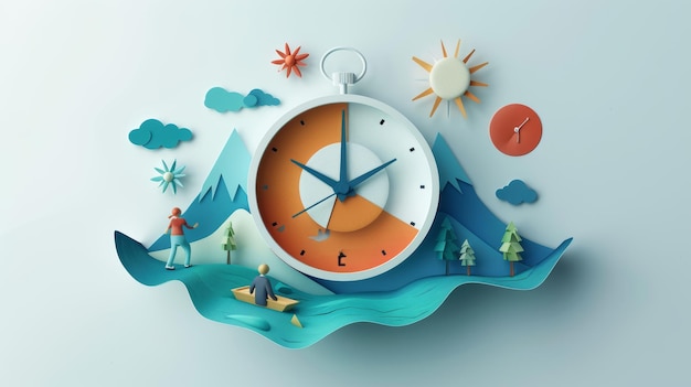 Photo creative paper art collage illustrating time concept with clock mountains and people in nature