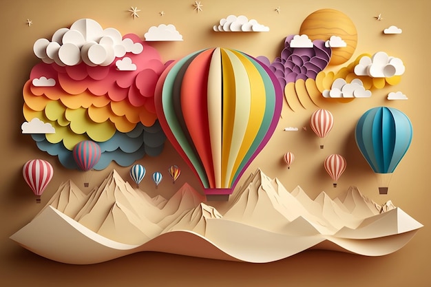 A creative paper art depicting hot air balloons the sun clouds and a rainbow Generative AI