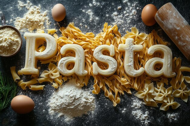 Creative pasta display featuring the word Pasta with ingredients and uncooked noodles