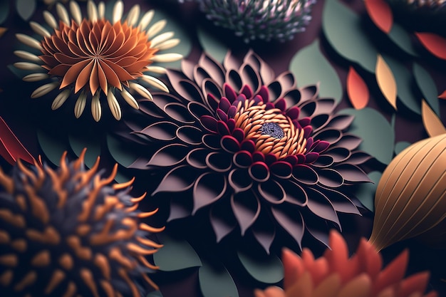 Creative pattern of tropical plants shallow depth of field copy space Generative AI ilustration