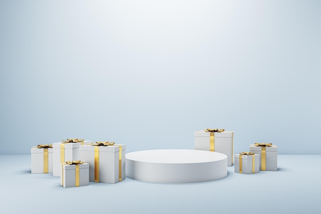 Creative pedestal surrounded with white christmas present boxes on light background with mock up place Holiday celebration gift purchase and commercial design concept 3D Rendering