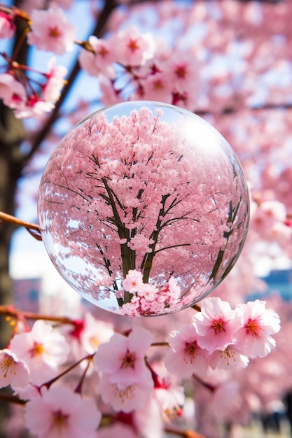 A creative photo of cherry blossoms through the lens of a crystal ball