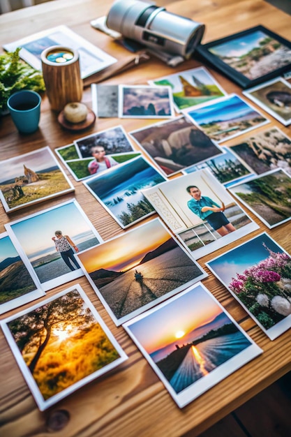 Photo creative photo collage laid out on table with various prints and negatives