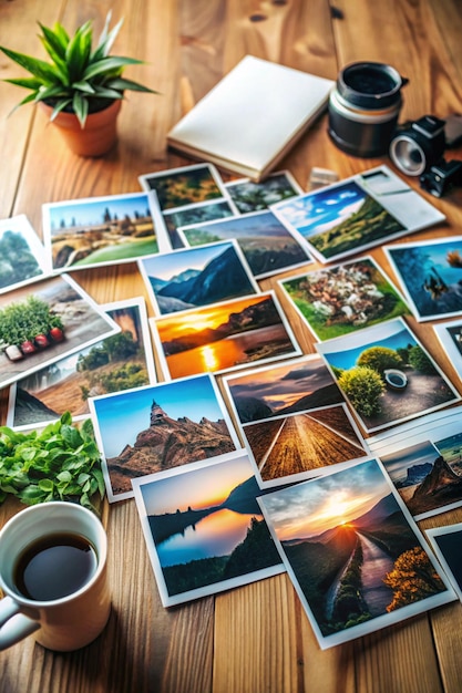 Photo creative photo collage laid out on table with various prints and negatives