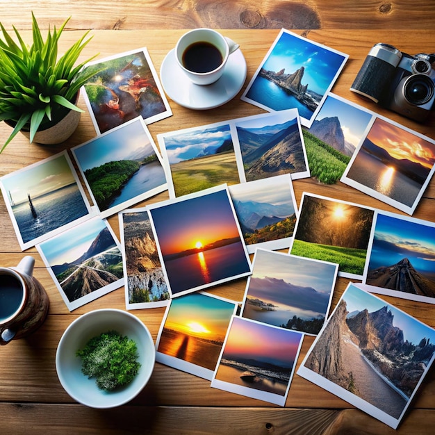 Photo creative photo collage laid out on table with various prints and negatives