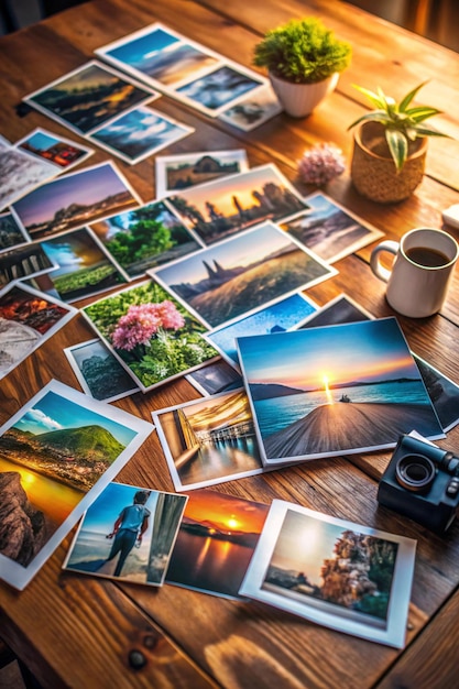 Photo creative photo collage laid out on table with various prints and negatives