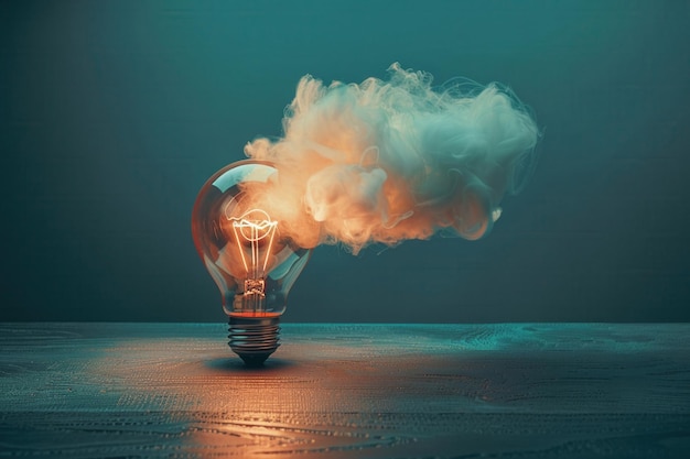 Photo creative photo of a glowing lightbulb emitting smoke representing innovative ideas creativity and new perspectives against a moody background