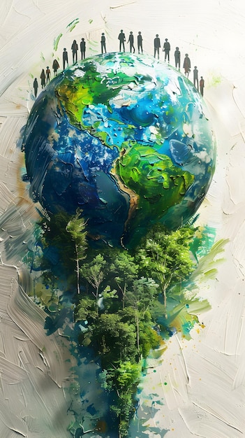 Creative Photo Realistic People with Watercolor Earth Climate Change Charts Concept for Environmen