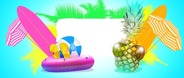 Creative pineapple with sunglasses on summer background.