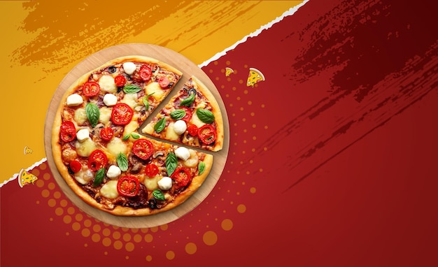 creative pizza banner design with top view perspective. 3d illustration of realistic pizza banner ad