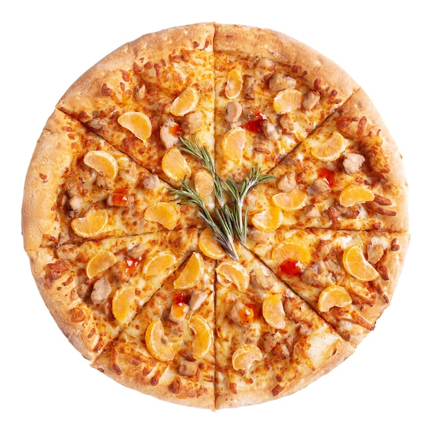 Creative pizza with chicken and tangerin decorated with rosemary isolated on white background. Top view.