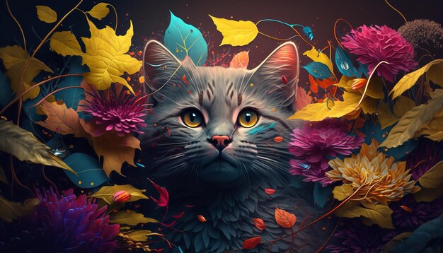 Creative portrait of a cute cat using plenty of vibrant flowers Generative Ai