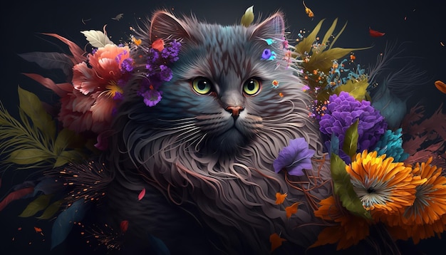 Creative portrait of a cute cat using plenty of vibrant flowers Generative Ai