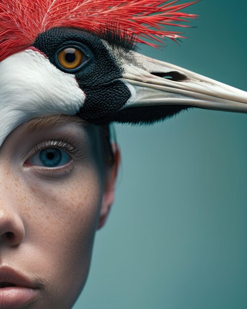 Photo a creative portrait of a girl with a crane s head seamlessly merging with her own set against a smooth teal background