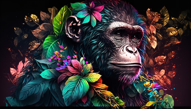 Creative portrait of a monkey using plenty of vibrant flowers Generative Ai