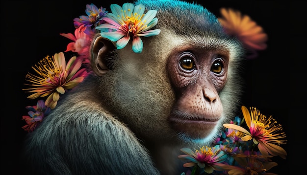 Creative portrait of a monkey using plenty of vibrant flowers Generative Ai