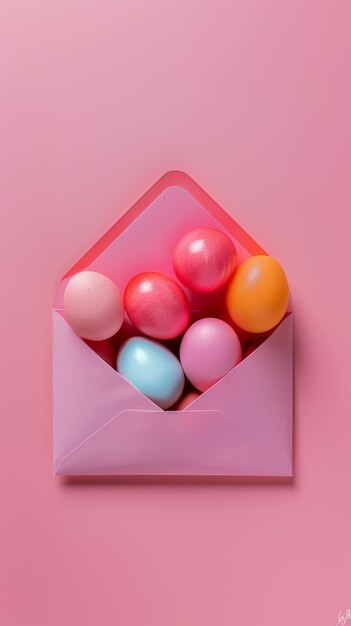 A creative presentation of Easter eggs in various hues neatly tucked inside a pink paper envelope