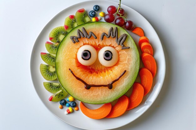 Photo creative presentation food of halloween monster face made of fruits melon kiwi grape on white plate