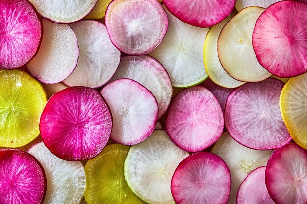 Photo creative presentation of vegetable art featuring vibrant colors and an artistic arrangement of slice