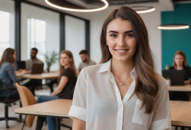 A creative professional stands out in a team meeting her white shirt and attentive gaze reflect her