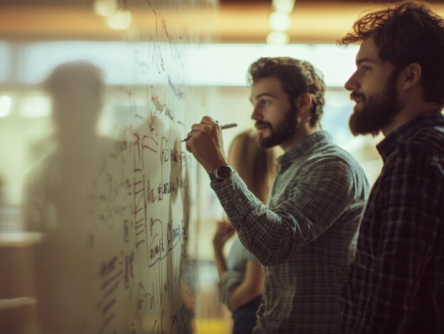 Photo creative professionals discussing ideas on whiteboard in office