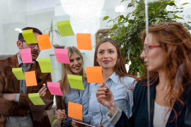 Creative professionals standing and discussing at the office behind glass wall with sticky notes and looking a post it note wall.