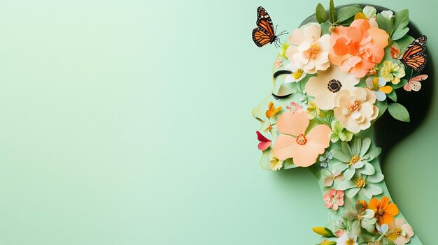 Photo a creative profile of a womans face composed of vibrant flowers and butterflies