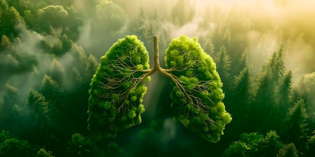 Creative representation of human lungs as a forest highlighting the crucial role of trees in producing oxygen and promoting awareness of respiratory health and environmental protection