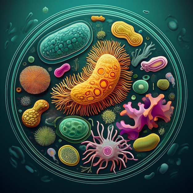 Photo a creative representation of microorganisms featuring a variety of species