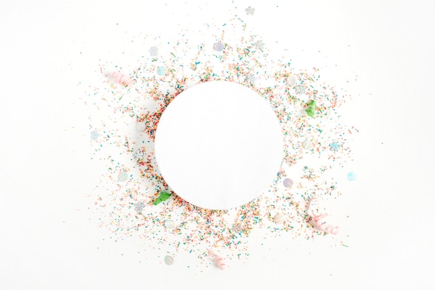 Creative round layout with copy space made of colorful confetti on white