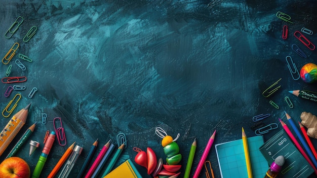 Creative School Supplies Background with Colorful Stationery on Chalkboard Surface