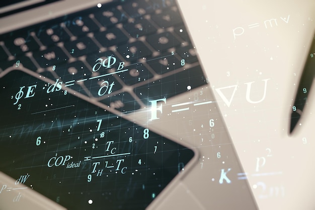 Photo creative scientific formula concept on modern laptop background multiexposure