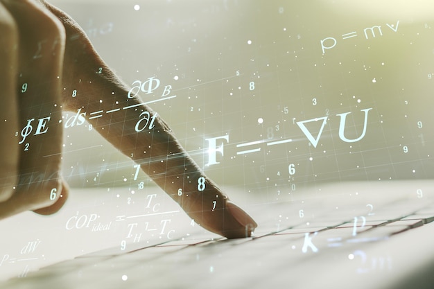 Creative scientific formula concept with hands typing on laptop on background Multiexposure