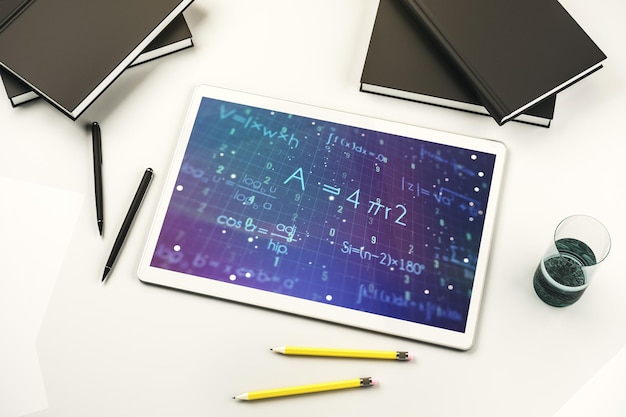 Photo creative scientific formula hologram on modern digital tablet screen research concept top view 3d rendering