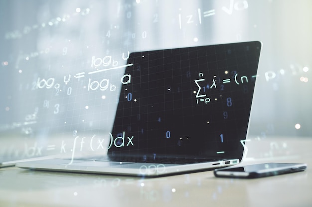 Creative scientific formula illustration on modern computer background science and research concept Multiexposure