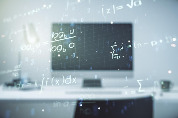 Creative scientific formula illustration on modern computer background science and research concept Multiexposure